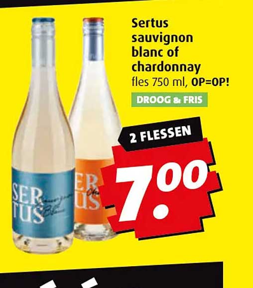 Sertus sauvignon blanc of chardonnay fles 750 ml, 2 flessen voor 7,00
