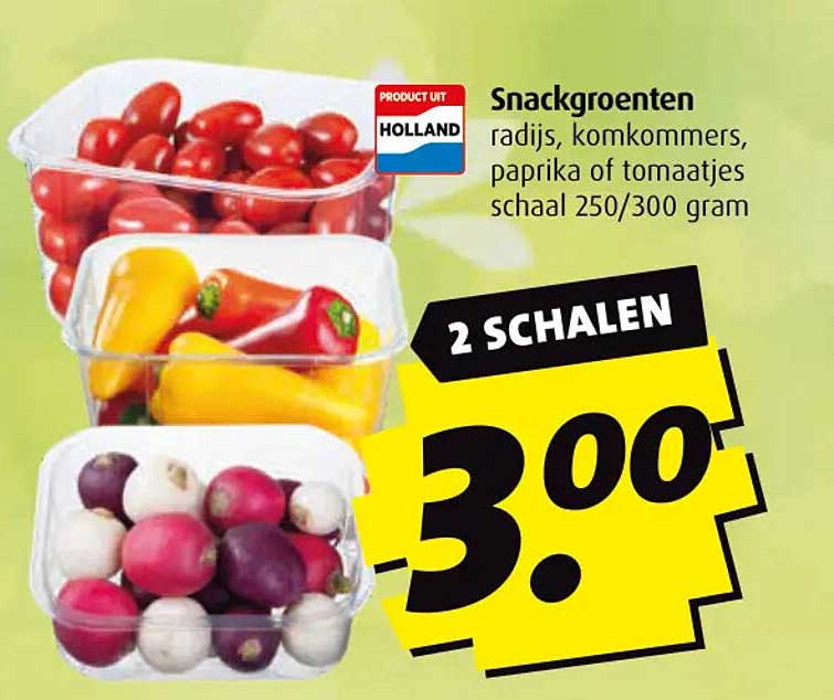 Snackgroenten radijs, komkommers, paprika of tomaatjes schaal 250/300 gram
