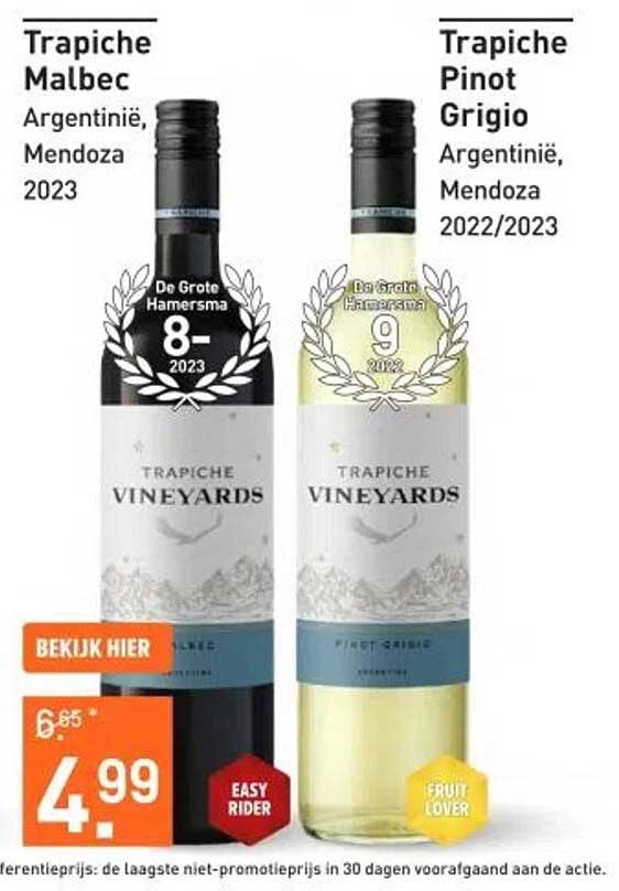 Trapiche Malbec en Trapiche Pinot Grigio aanbieding