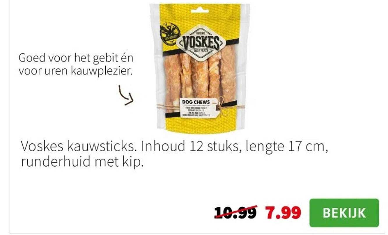 Voskes kauwsticks. Inhoud 12 stuks, lengte 17 cm, runderhuid met kip.