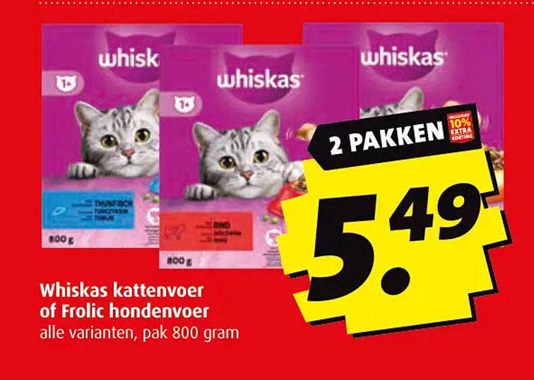 Whiskas kattenvoer of Frolic hondenvoer alle varianten, pak 800 gram