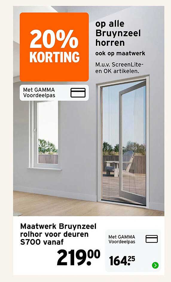 20% KORTING op alle Bruynzeel horren ook op maatwerk M.u.v. ScreenLite- en OK artikelen.