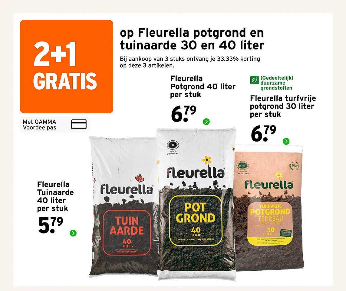 2+1 GRATIS op Fleurella potgrond en tuinaarde 30 en 40 liter