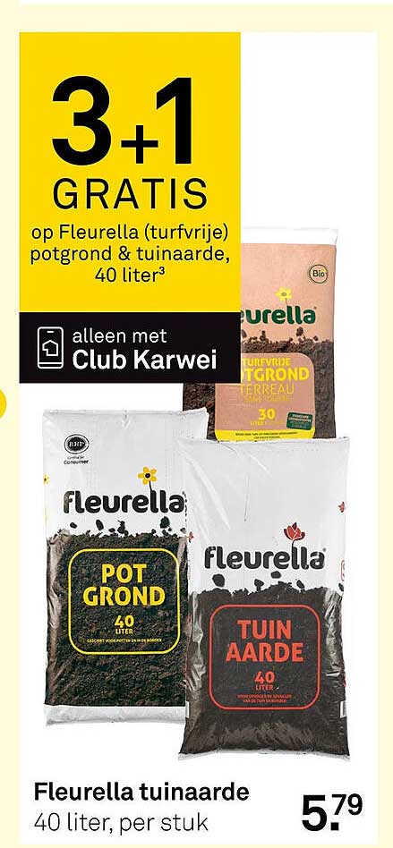 3+1 GRATIS op Fleurella (turfvrije) potgrond & tuinaarde, 40 liter³