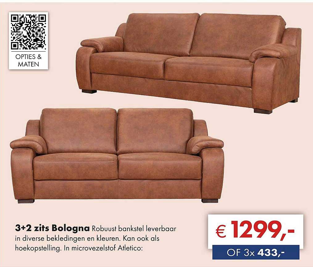 3+2 zits Bologna Robuust bankstel leverbaar in diverse bekledingen en kleuren. Kan ook als hoekopstelling. In microvezelstof Afletico