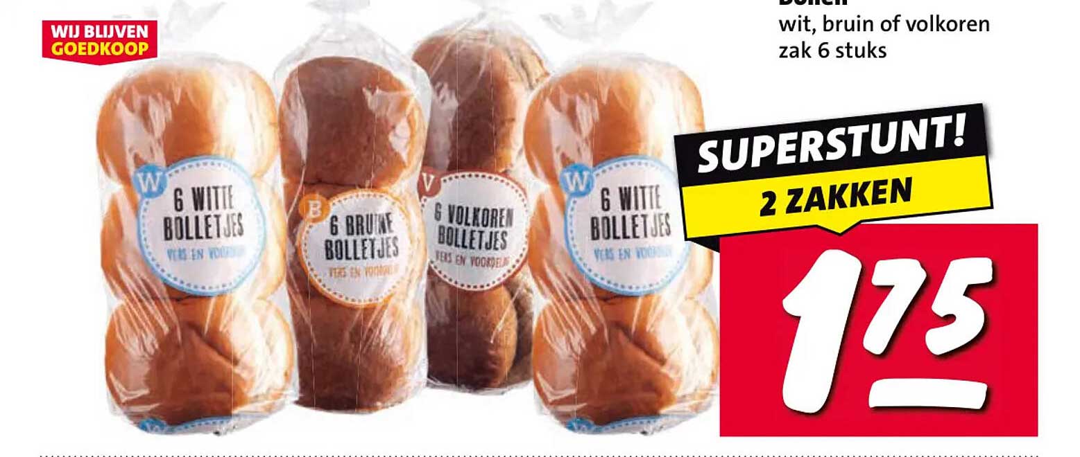 6 witte bolletjes wit, bruin of volkoren zak 6 stuks SUPERSTUNT! 2 ZAKKEN