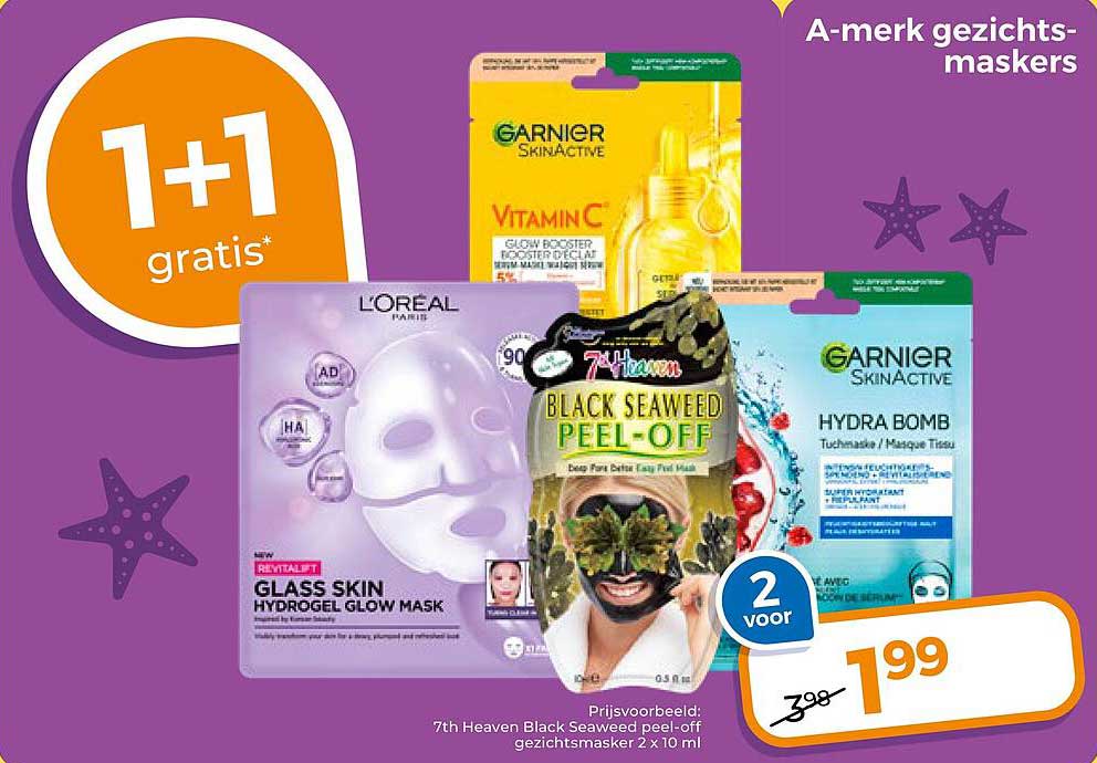 A-merk gezichts-maskers 1+1 gratis