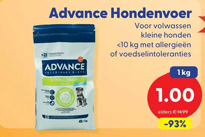 Advance Hondenvoer Voor volwassen kleine honden <10 kg met allergieën of voedselintoleranties 1kg -93%