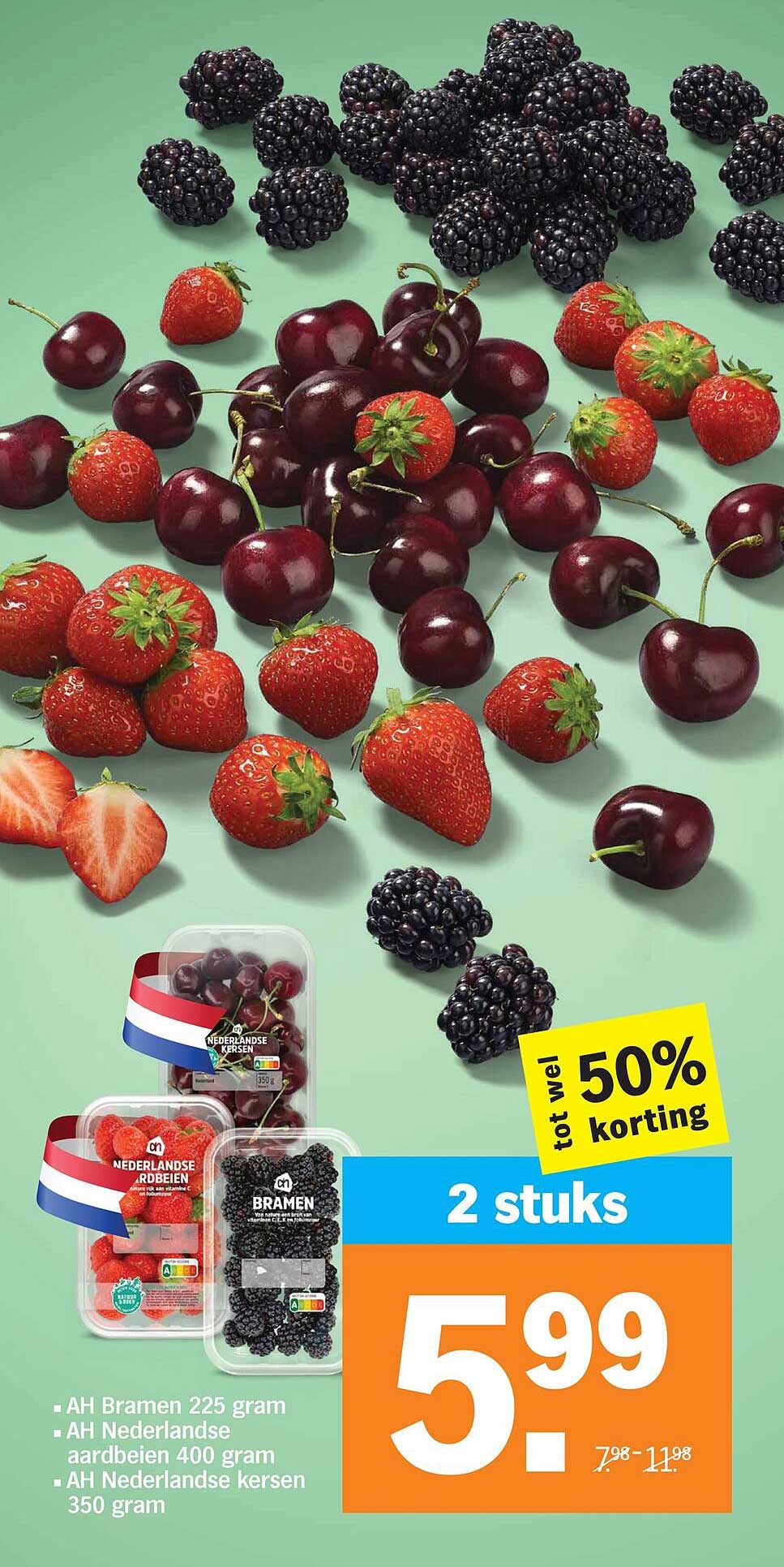 AH Bramen 225 gram, AH Nederlandse aardbeien 400 gram, AH Nederlandse kersen 350 gram 2 stuks tot wel 50% korting