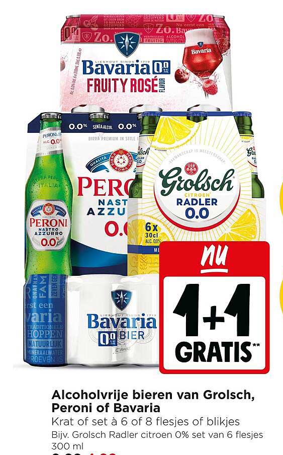 Alcoholvrije bieren van Grolsch, Peroni of Bavaria 1+1 gratis