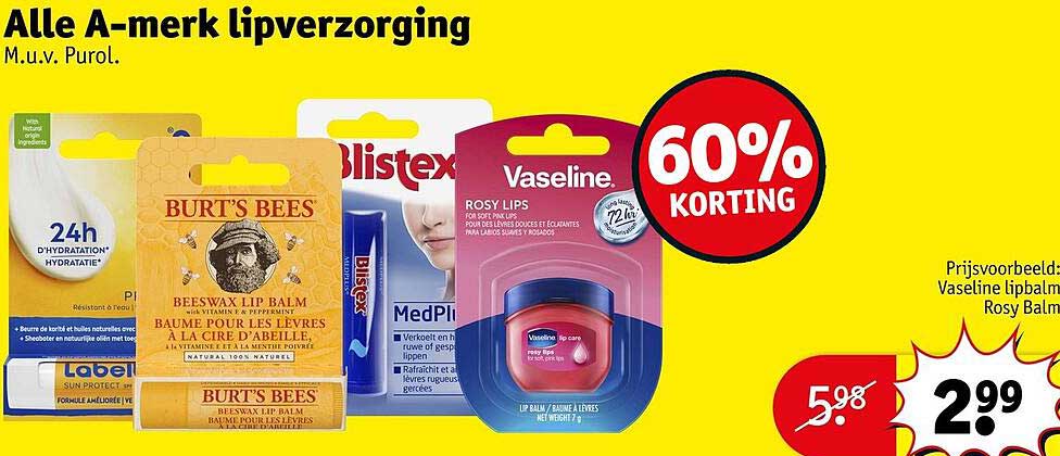 Alle A-merk lipverzorging M.u.v. Purol. 60% KORTING