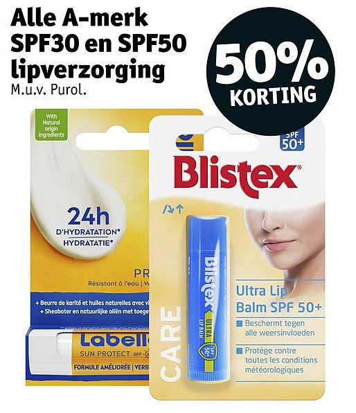 Alle A-merk SPF30 en SPF50 lipverzorging M.u.v. Purol. 50% KORTING