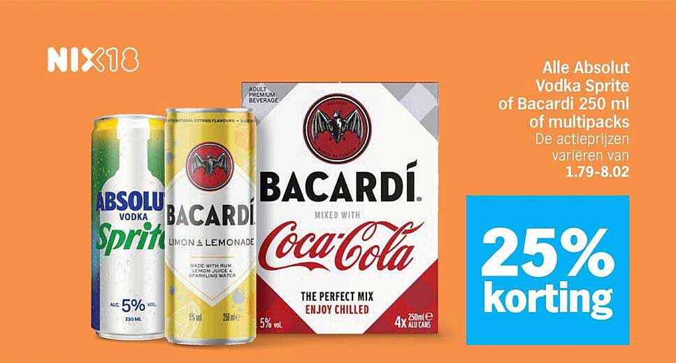 Alle Absolut Vodka Sprite of Bacardi 250 ml of multipacks 25% korting