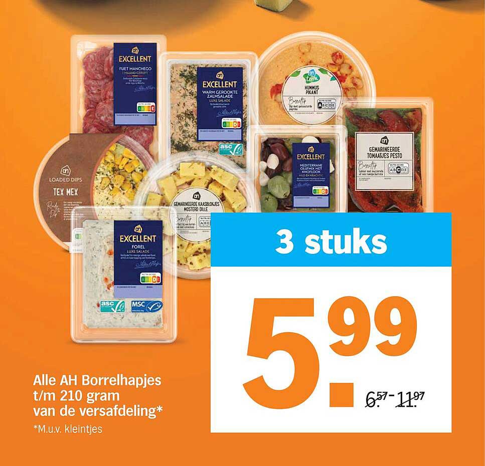 Alle AH Borrelhapjes t/m 210 gram van de versafdeling* 3 stuks