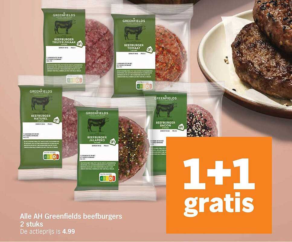 Alle AH Greenfields beefburgers 2 stuks 1+1 gratis