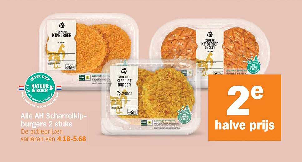 Alle AH Scharrelkip-burgers 2 stuks 2e halve prijs