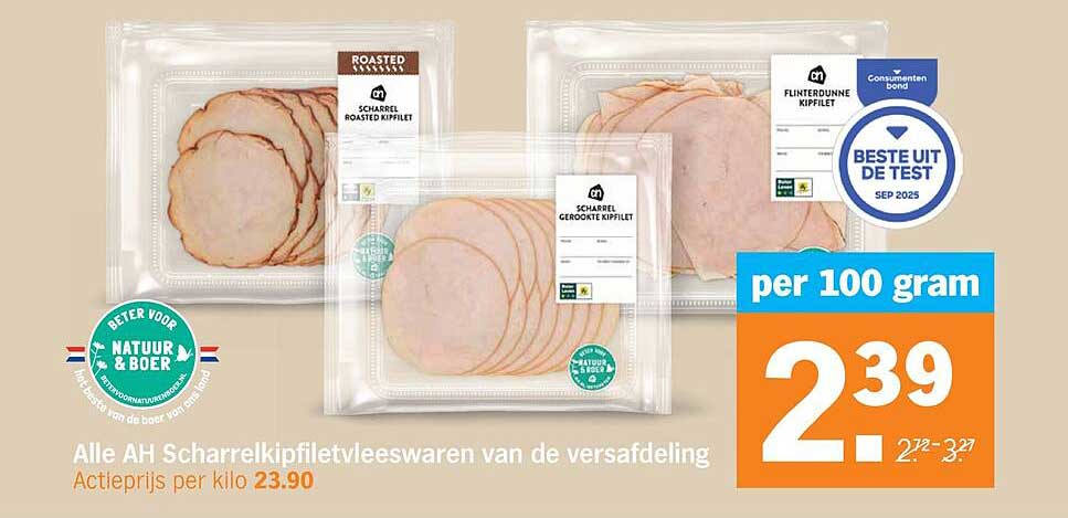 Alle AH Scharrelkipfiletvleeswaren van de versafdeling