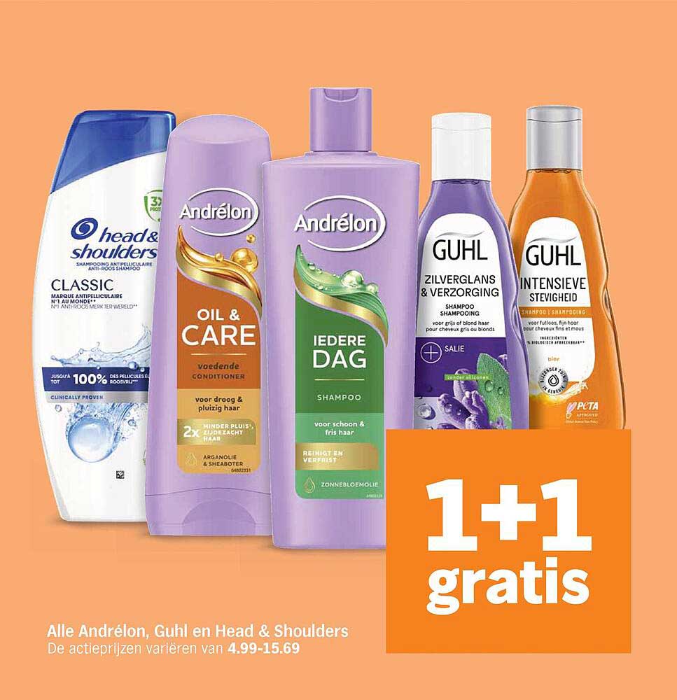 Alle Andrélon, Guhl en Head & Shoulders 1+1 gratis