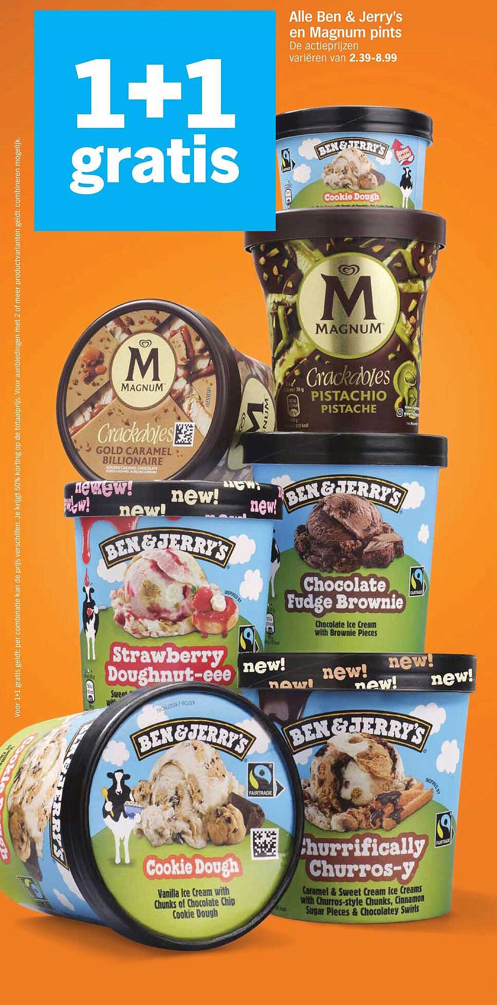 Alle Ben & Jerry's en Magnum pints 1+1 gratis