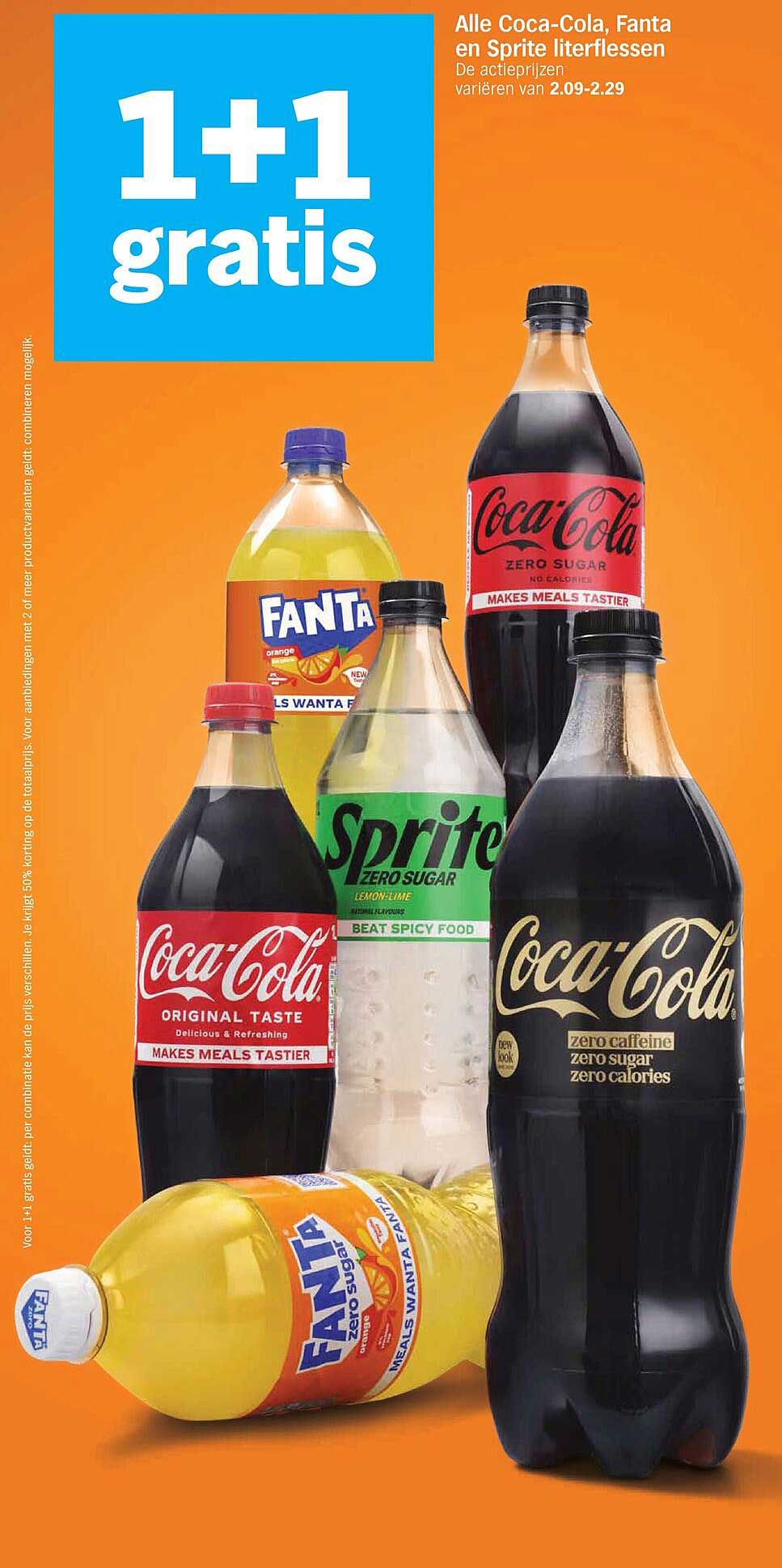 Alle Coca-Cola, Fanta en Sprite literflessen 1+1 gratis