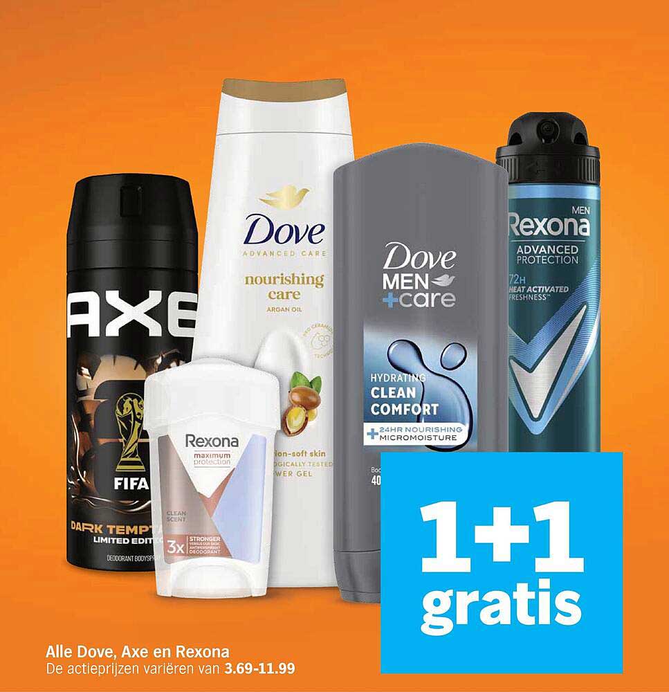 Alle Dove, Axe en Rexona 1+1 gratis