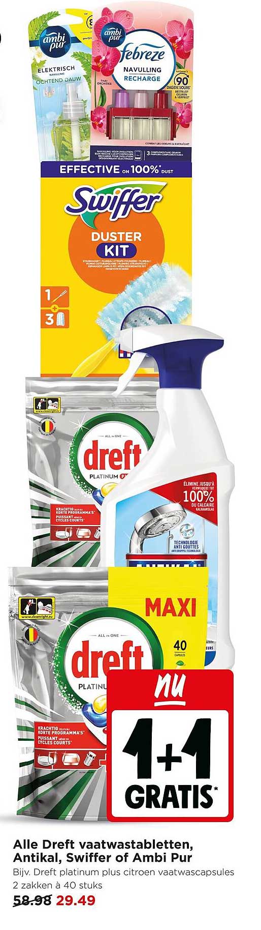 Alle Dreft vaatwastabletten, Antikal, Swiffer of Ambi Pur 1+1 gratis