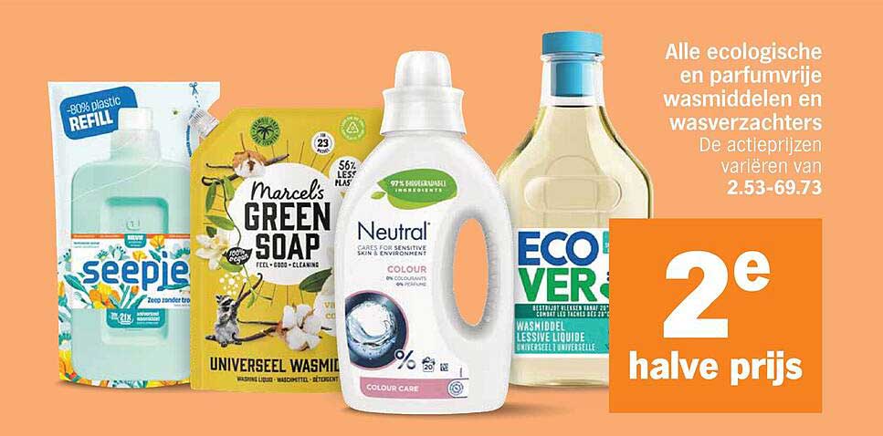 Alle ecologische en parfumvrije wasmiddelen en wasverzachters 2e halve prijs