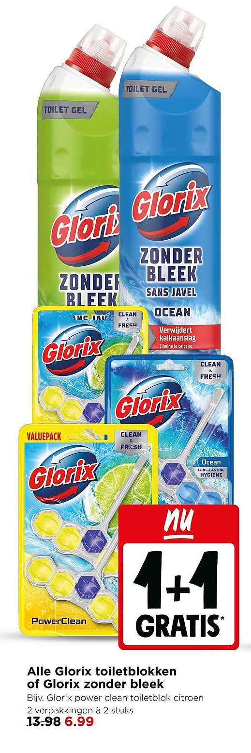Alle Glorix toiletblokken of Glorix zonder bleek 1+1 gratis