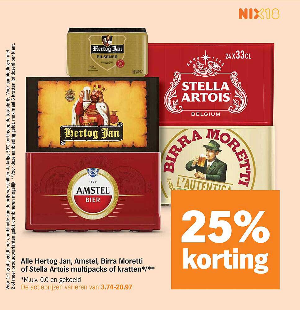 Alle Hertog Jan, Amstel, Birra Moretti of Stella Artois multipacks of kratten 25% korting