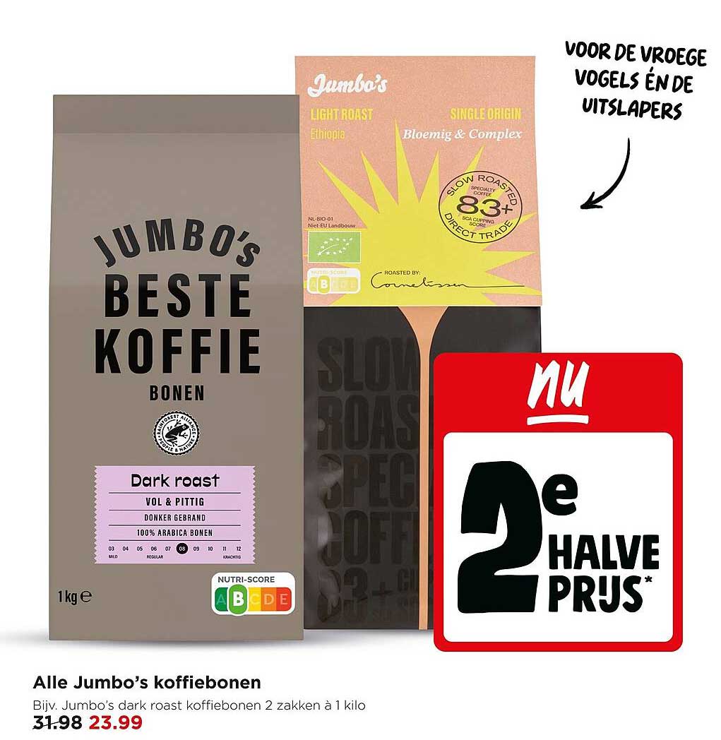 Alle Jumbo’s koffiebonen 2e halve prijs