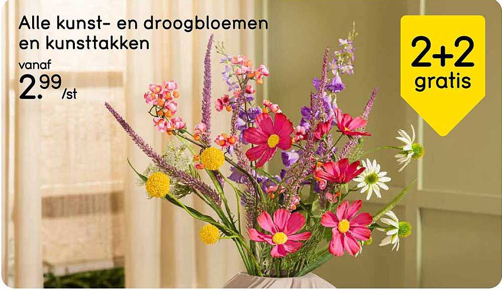 Alle kunst- en droogbloemen en kunsttakken 2+2 gratis