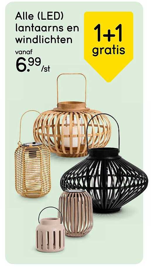 Alle (LED) lantaarns en windlichten 1+1 gratis