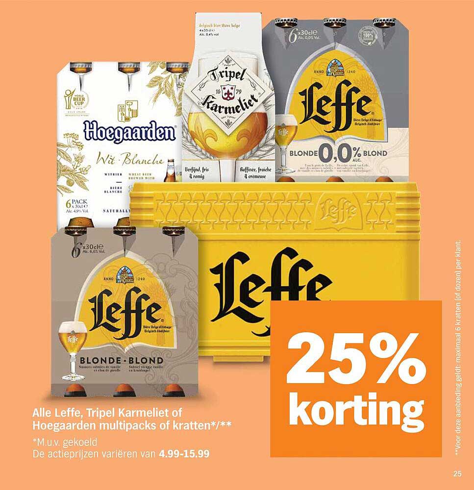 Alle Leffe, Tripel Karmeliet of Hoegaarden multipacks of kratten*/** 25% korting