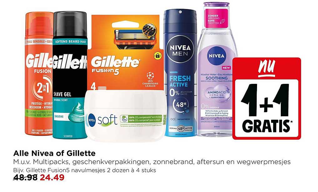 Alle Nivea of Gillette 1+1 gratis