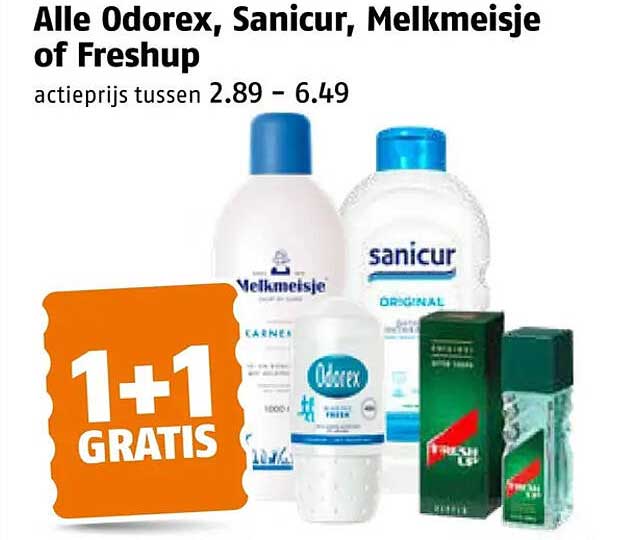 Alle Odorex, Sanicur, Melkmeisje of Freshup 1+1 GRATIS