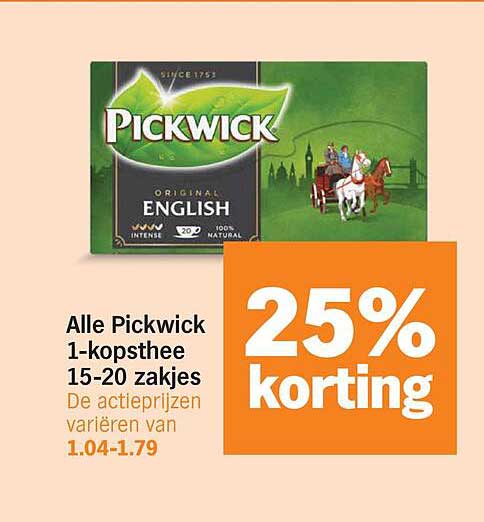 Alle Pickwick 1-kopsthee 15-20 zakjes 25% korting