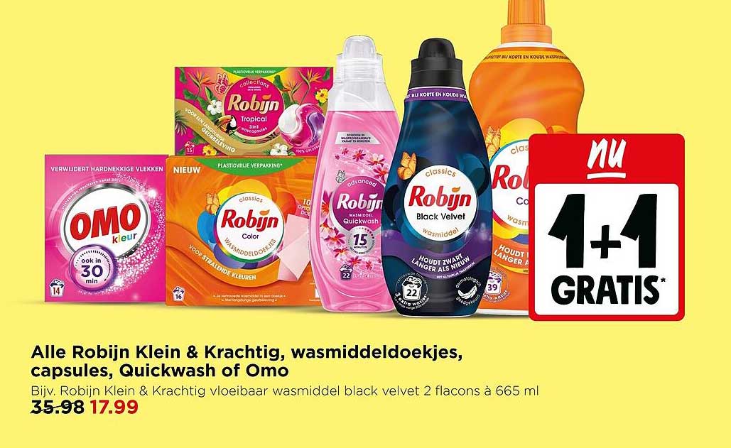 Alle Robijn Klein & Krachtig, wasmiddeldoekjes, capsules, Quickwash of Omo 1+1 GRATIS