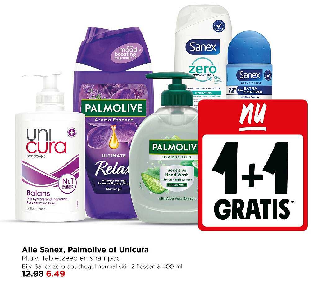 Alle Sanex, Palmolive of Unicura 1+1 gratis
