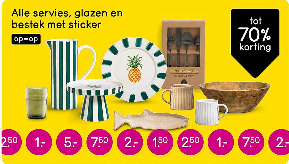 Alle servies, glazen en bestek met sticker op=op