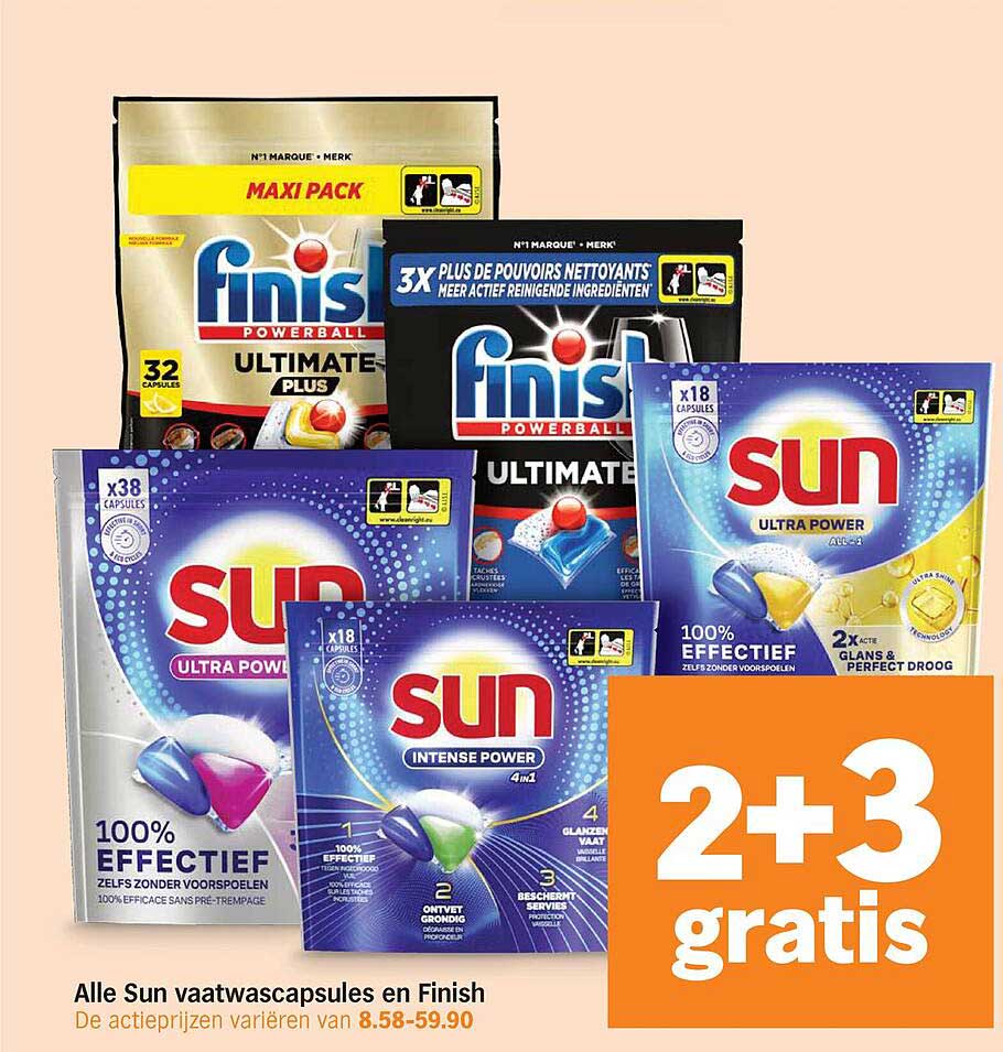 Alle Sun vaatwascapsules en Finish 2+3 gratis