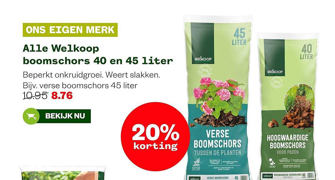 Alle Welkoop boomschors 40 en 45 liter 20% korting