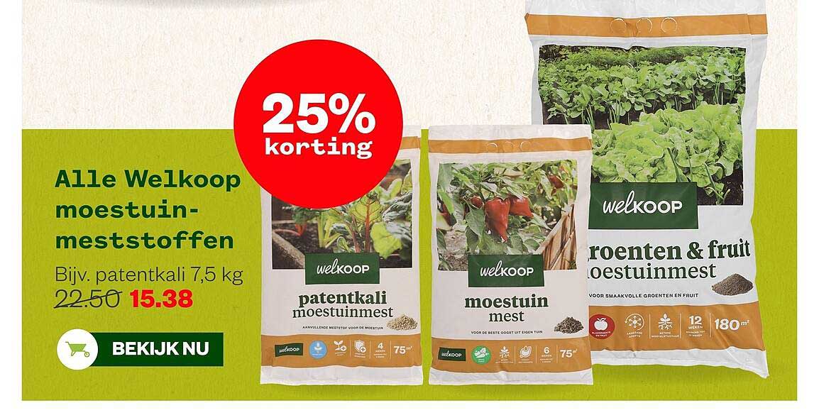 Alle Welkoop moestuin-meststoffen 25% korting
