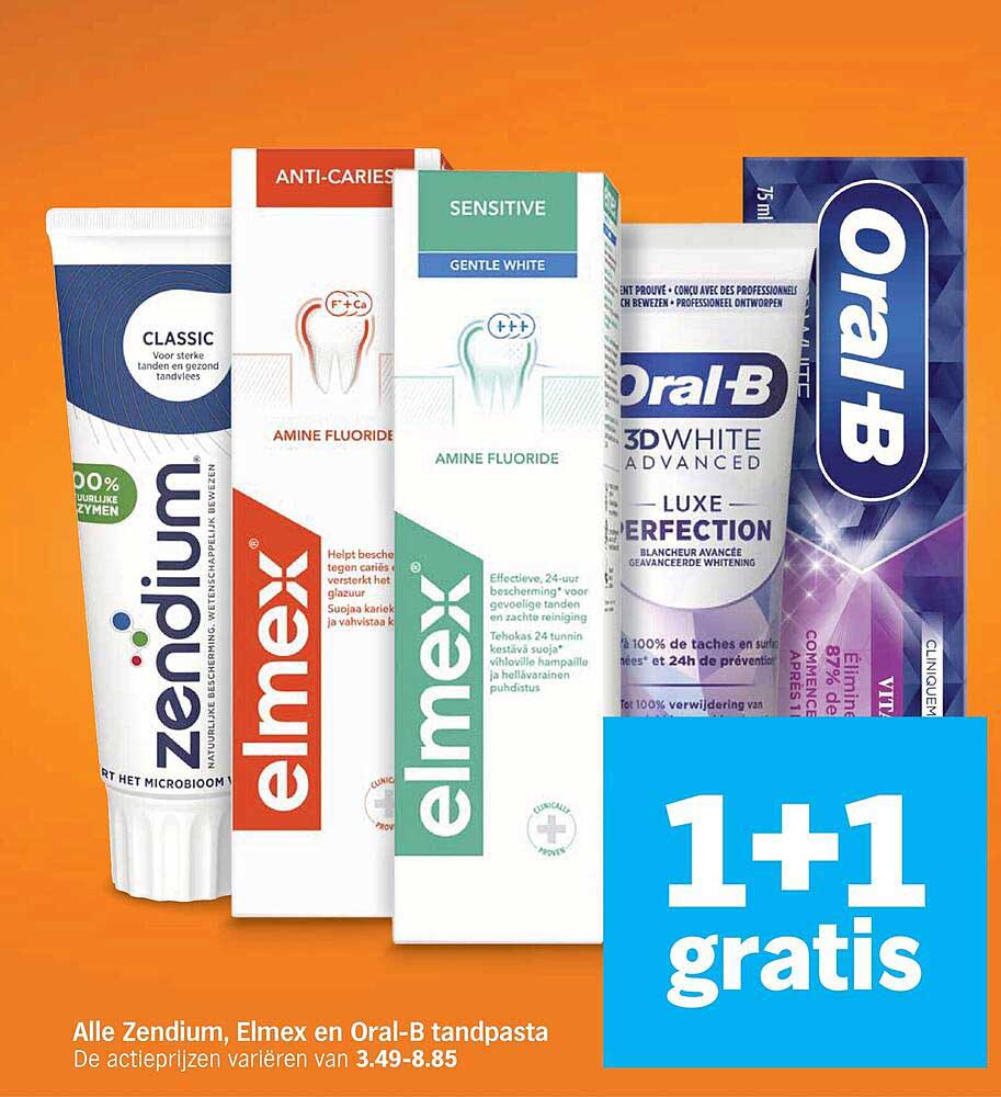 Alle Zendium, Elmex en Oral-B tandpasta 1+1 gratis