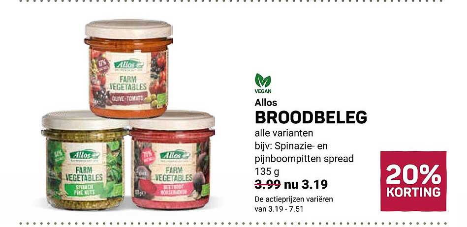 Allos BROODBELEG alle varianten bijv: Spinazie- en pijnboompitten spread 135 g 20% KORTING