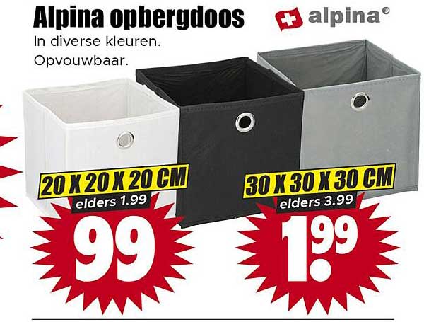 Alpina opbergdoos in diverse kleuren. Opvouwbaar. 20 x 20 x 20 cm