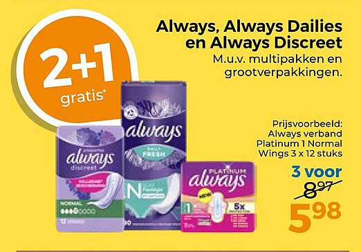Always, Always Dailies en Always Discreet M.v.u. multipakken en grootverpakkingen. 2+1 gratis