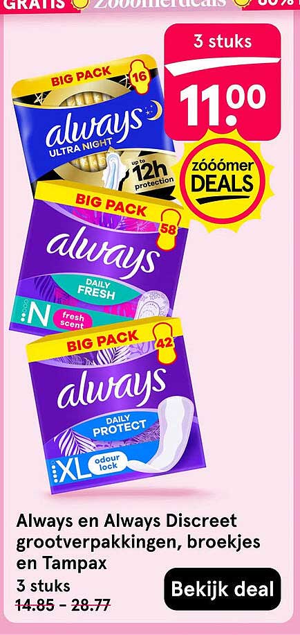 Always en Always Discreet grootverpakkingen, broekjes en Tampax 3 stuks