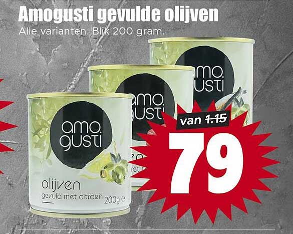 Amogusti gevulde olijven Alle varianten. Blik 200 gram.