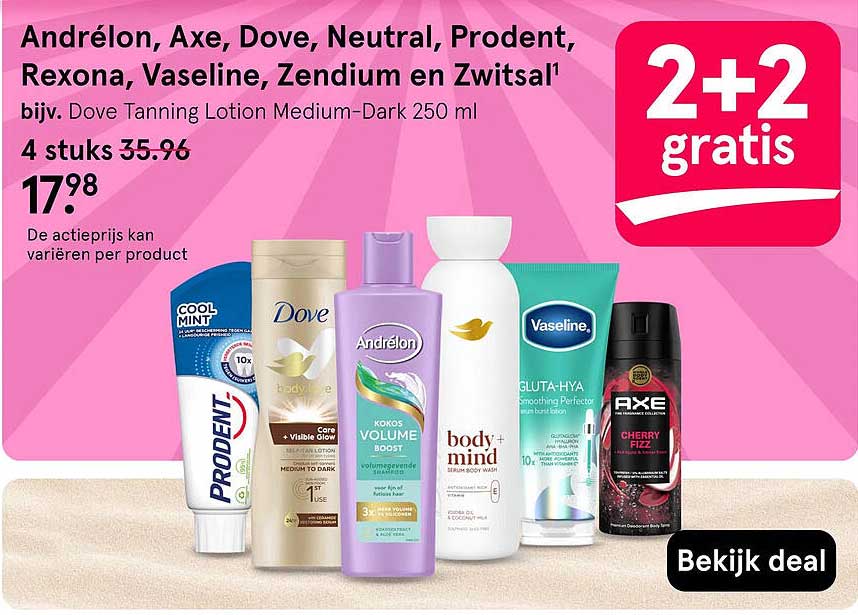 Andrélon, Axe, Dove, Neutral, Prodent, Rexona, Vaseline, Zendium en Zwitsal 2+2 gratis