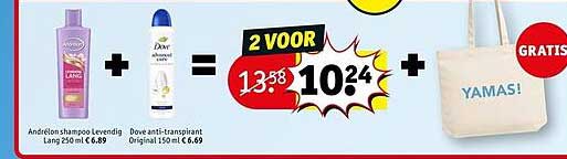 Andrélon shampoo Levendig Lang 250 ml & Dove anti-transpirant Original 150 ml 2 VOOR GRATIS YAMAS!